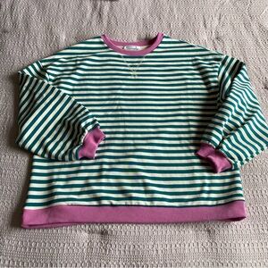 Free People Inspired Stripe Long Sleeve Crew Top Sweatshirt Oversized Teal Pink